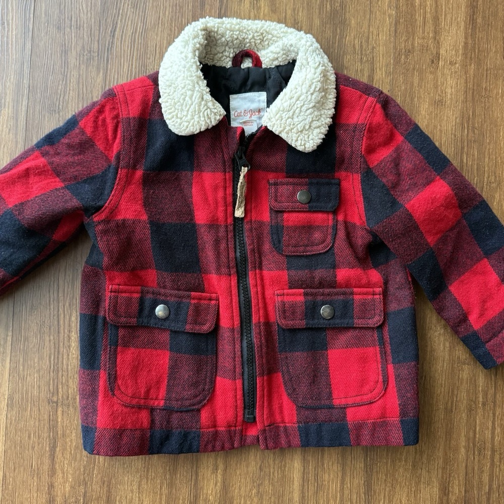 Cat & Jack Buffalo Plaid Jacket Fleece Collar Boy 18 month Red Insulated Kids